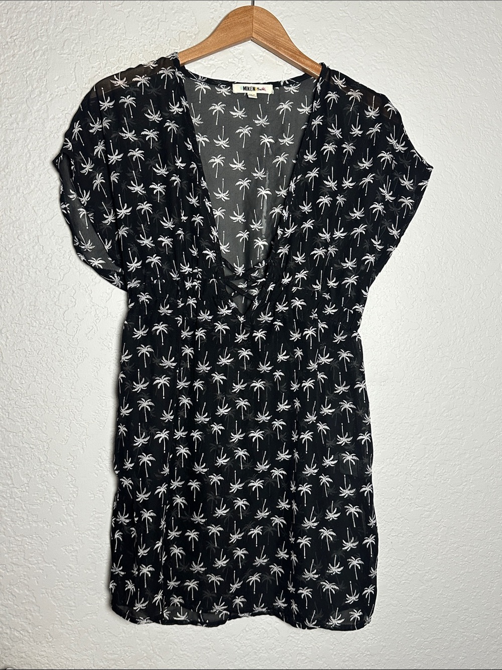 Black Sheer Palm Tree Swim Coverup Deep V Beach Cruise Boat Sheer Sexy Medium